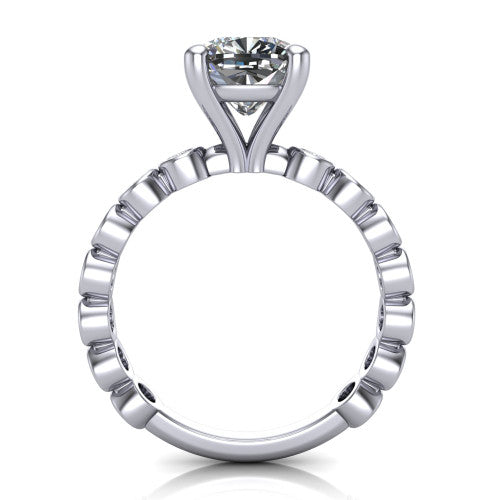Kinsley cushion solitaire engagement ring in Platinum with bezel-set diamond accent band, through-finger front profile