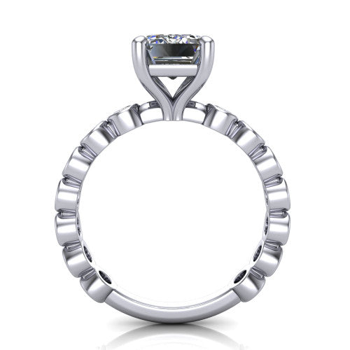 Kinsley emerald solitaire engagement ring in 18K White Gold with bezel-set diamond accent band, through-finger front profile