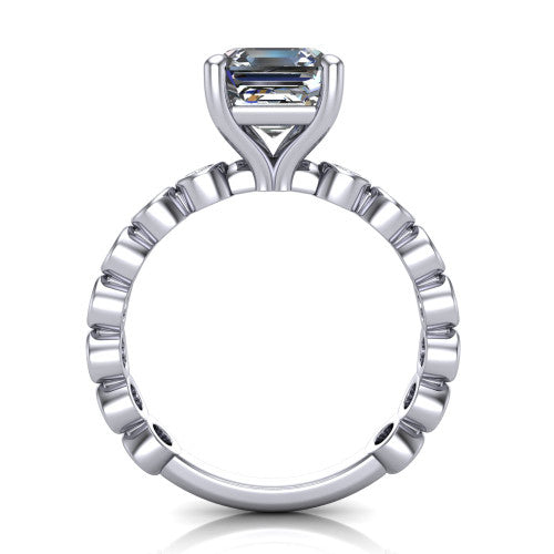 Kinsley asscher solitaire engagement ring in Platinum with bezel-set diamond accent band, through-finger front profile