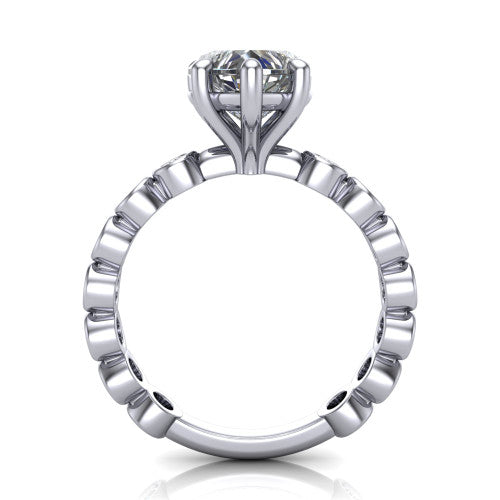 Kinsley heart solitaire engagement ring in Platinum with bezel-set diamond accent band, through-finger front profile