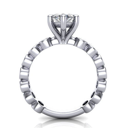 Kinsley marquise solitaire engagement ring in 18K White Gold with bezel-set diamond accent band, through-finger front profile