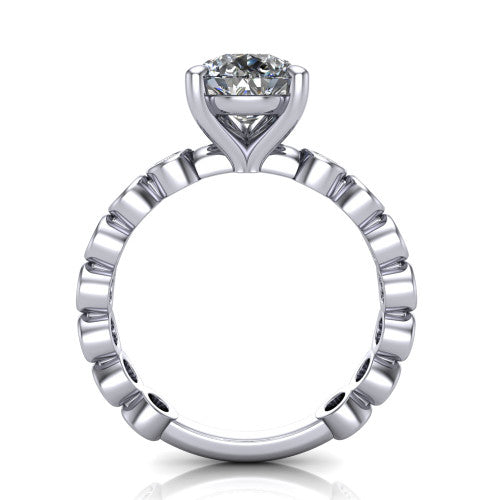 Kinsley pear solitaire engagement ring in 18K White Gold with bezel-set diamond accent band, through-finger front profile