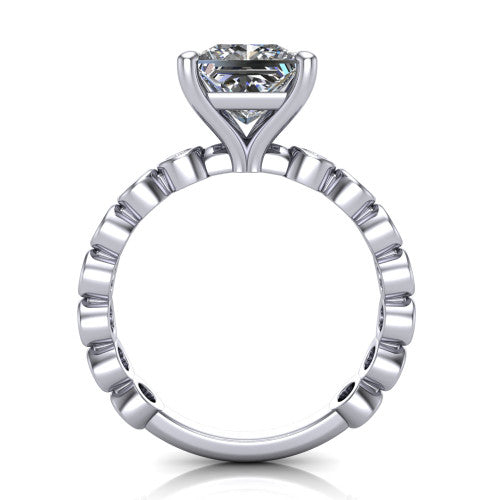 Kinsley princess solitaire engagement ring in 18K White Gold with bezel-set diamond accent band, through-finger front profile