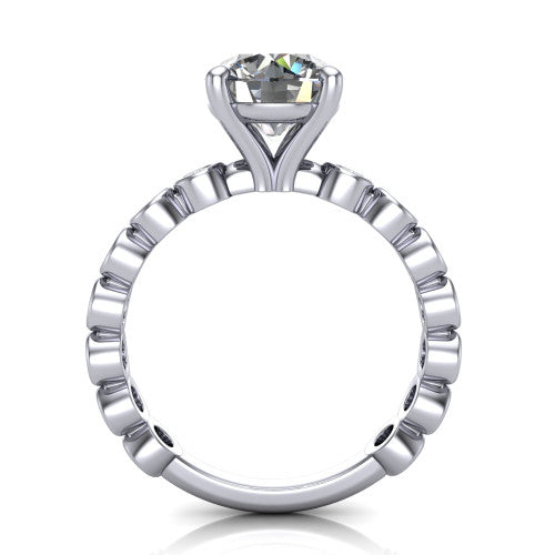 Kinsley round solitaire engagement ring in 18K White Gold with bezel-set diamond accent band, through-finger front profile