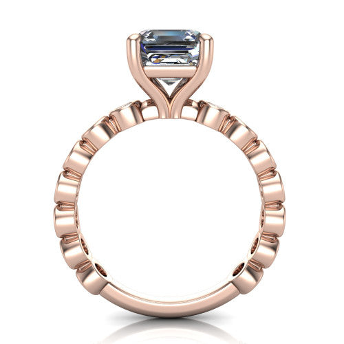 Kinsley asscher solitaire engagement ring in 18K Rose Gold with bezel-set diamond accent band, through-finger front profile