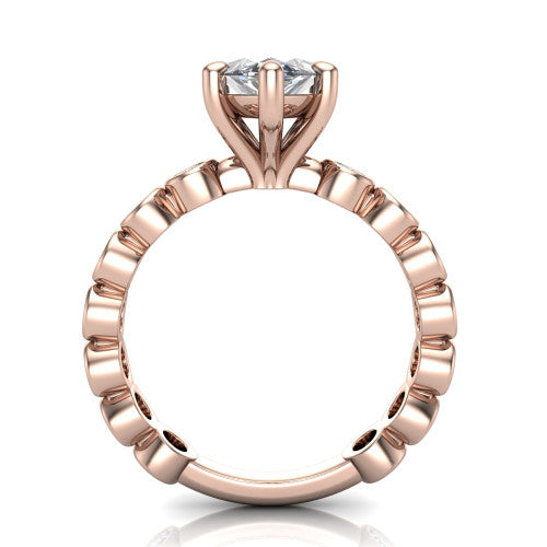 Kinsley marquise solitaire engagement ring in 14K Rose Gold with bezel-set diamond accent band, through-finger front profile