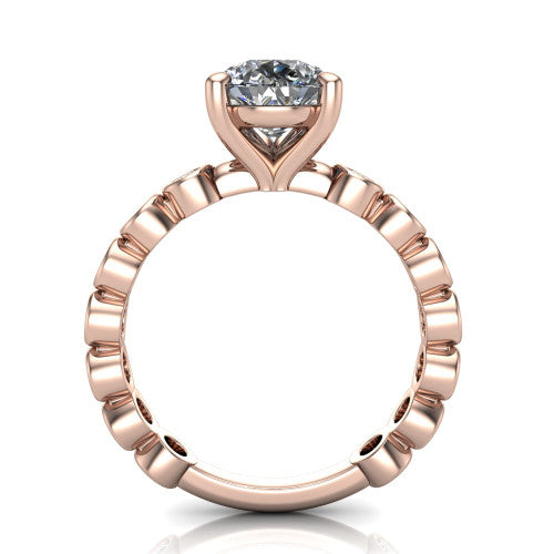 Kinsley pear solitaire engagement ring in 18K Rose Gold with bezel-set diamond accent band, through-finger front profile