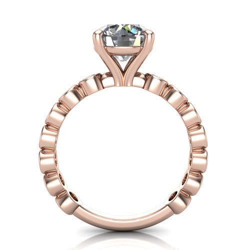 Kinsley round solitaire engagement ring in 14K Rose Gold with bezel-set diamond accent band, through-finger front profile