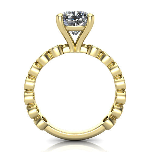 Kinsley cushion solitaire engagement ring in 14K Yellow Gold with bezel-set diamond accent band, through-finger front profile