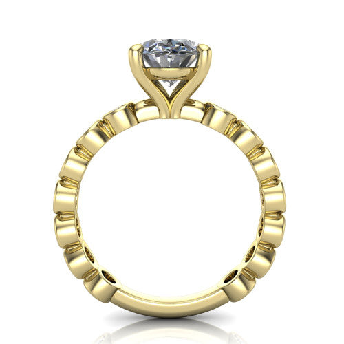 Kinsley oval solitaire engagement ring in 18K Yellow Gold with bezel-set diamond accent band, through-finger front profile
