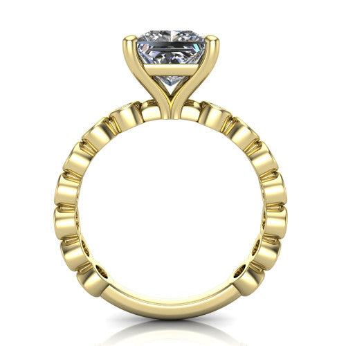 Kinsley princess solitaire engagement ring in 14K Yellow Gold with bezel-set diamond accent band, through-finger front profile