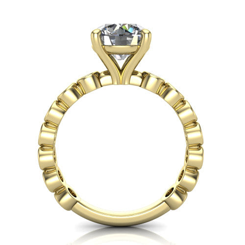 Kinsley round solitaire engagement ring in 14K Yellow Gold with bezel-set diamond accent band, through-finger front profile