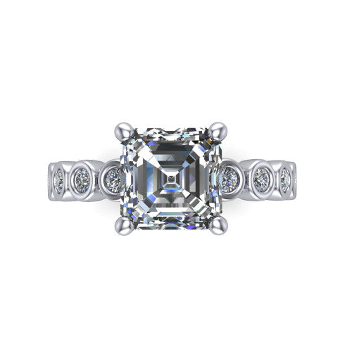 Kinsley asscher solitaire engagement ring in 14K White Gold with bezel-set diamond accent band, top-down view of the center stone and bezel band