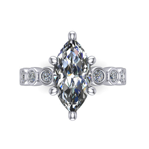 Kinsley marquise solitaire engagement ring in 14K White Gold with bezel-set diamond accent band, top-down view of the center stone and bezel band