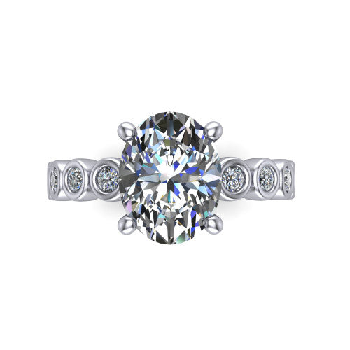 Kinsley oval solitaire engagement ring in Platinum with bezel-set diamond accent band, top-down view of the center stone and bezel band
