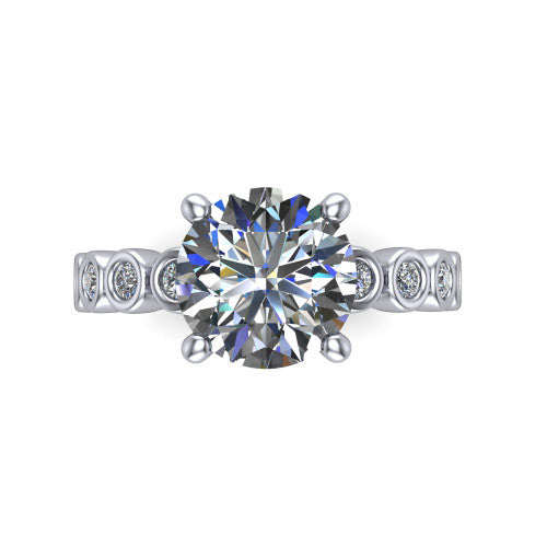 Kinsley round solitaire engagement ring in 14K White Gold with bezel-set diamond accent band, top-down view of the center stone and bezel band