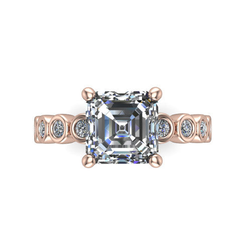 Kinsley asscher solitaire engagement ring in 18K Rose Gold with bezel-set diamond accent band, top-down view of the center stone and bezel band