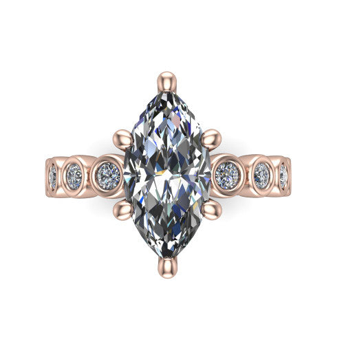 Kinsley marquise solitaire engagement ring in 18K Rose Gold with bezel-set diamond accent band, top-down view of the center stone and bezel band