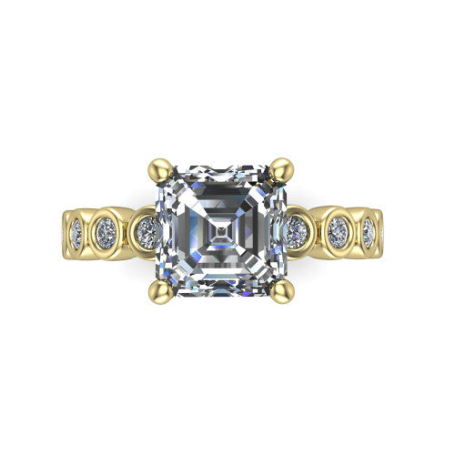 Kinsley asscher solitaire engagement ring in 14K Yellow Gold with bezel-set diamond accent band, top-down view of the center stone and bezel band