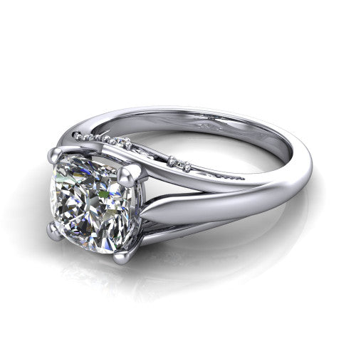 Lucy cushion solitaire engagement ring in Platinum with pavé split shank and filigree gallery, three-quarter perspective view
