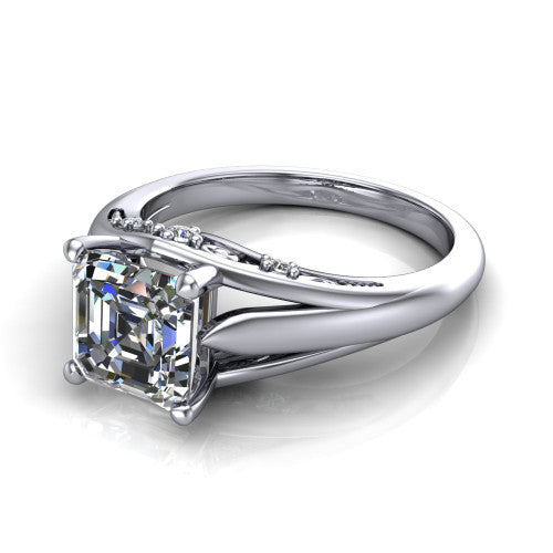 Lucy asscher solitaire engagement ring in 14K White Gold with pavé split shank and filigree gallery, three-quarter perspective view