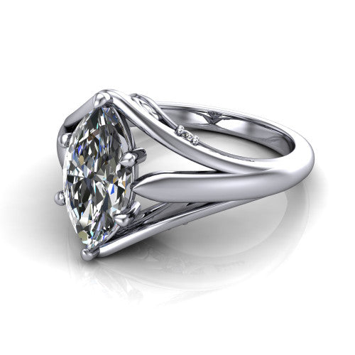 Lucy marquise solitaire engagement ring in 18K White Gold with pavé split shank and filigree gallery, three-quarter perspective view