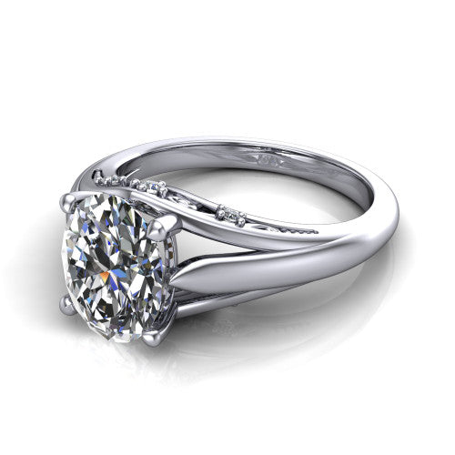 Lucy oval solitaire engagement ring in 14K White Gold with pavé split shank and filigree gallery, three-quarter perspective view