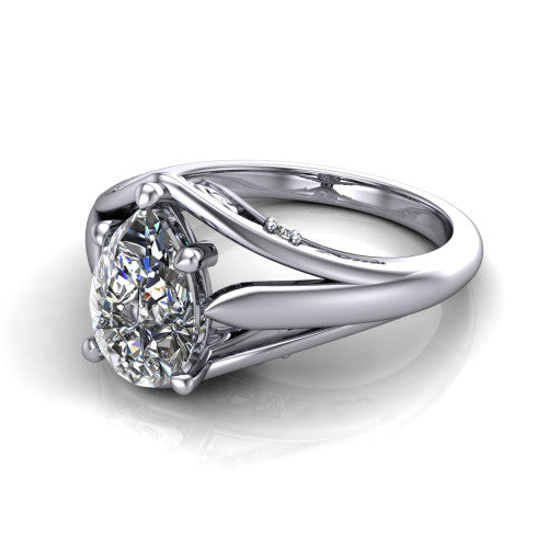 Lucy pear solitaire engagement ring in 14K White Gold with pavé split shank and filigree gallery, three-quarter perspective view