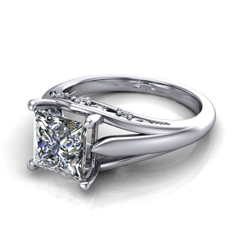 Lucy princess solitaire engagement ring in Platinum with pavé split shank and filigree gallery, three-quarter perspective view