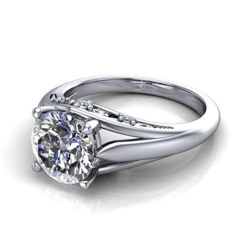 Lucy round solitaire engagement ring in 18K White Gold with pavé split shank and filigree gallery, three-quarter perspective view