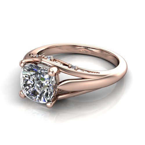 Lucy cushion solitaire engagement ring in 18K Rose Gold with pavé split shank and filigree gallery, three-quarter perspective view