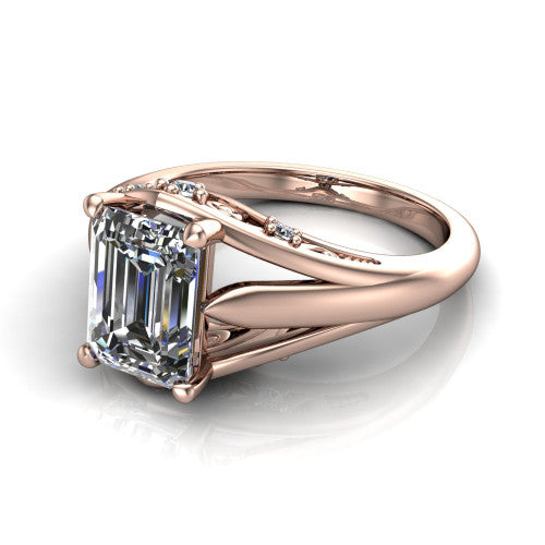 Lucy emerald solitaire engagement ring in 18K Rose Gold with pavé split shank and filigree gallery, three-quarter perspective view