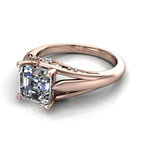 Lucy asscher solitaire engagement ring in 14K Rose Gold with pavé split shank and filigree gallery, three-quarter perspective view