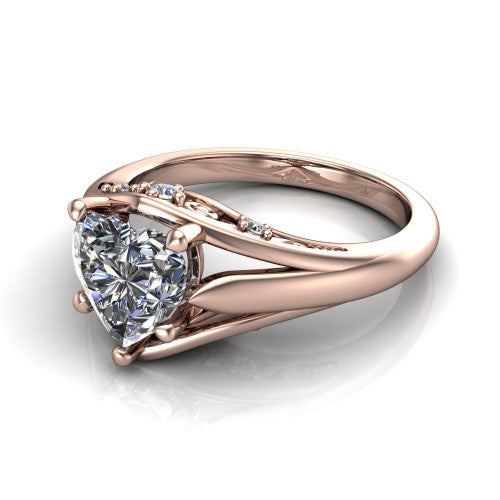 Lucy heart solitaire engagement ring in 14K Rose Gold with pavé split shank and filigree gallery, three-quarter perspective view