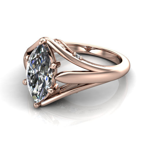Lucy marquise solitaire engagement ring in 14K Rose Gold with pavé split shank and filigree gallery, three-quarter perspective view