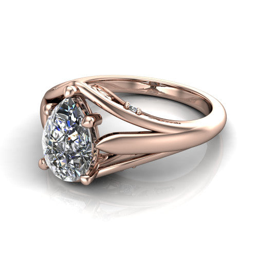 Lucy pear solitaire engagement ring in 14K Rose Gold with pavé split shank and filigree gallery, three-quarter perspective view