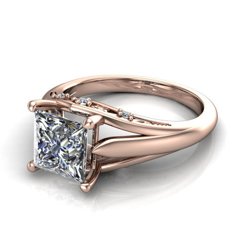 Lucy princess solitaire engagement ring in 18K Rose Gold with pavé split shank and filigree gallery, three-quarter perspective view
