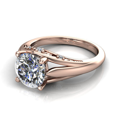 Lucy round solitaire engagement ring in 14K Rose Gold with pavé split shank and filigree gallery, three-quarter perspective view