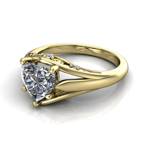 Lucy heart solitaire engagement ring in 18K Yellow Gold with pavé split shank and filigree gallery, three-quarter perspective view