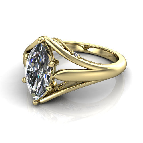 Lucy marquise solitaire engagement ring in 18K Yellow Gold with pavé split shank and filigree gallery, three-quarter perspective view