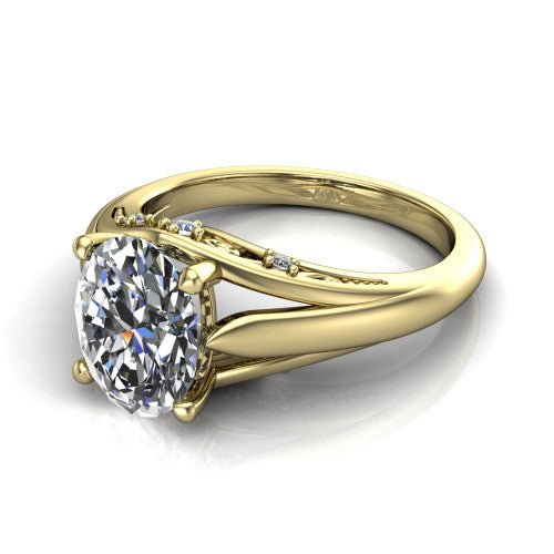 Lucy oval solitaire engagement ring in 14K Yellow Gold with pavé split shank and filigree gallery, three-quarter perspective view