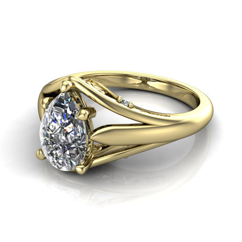 Lucy pear solitaire engagement ring in 18K Yellow Gold with pavé split shank and filigree gallery, three-quarter perspective view