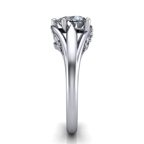 Lucy heart solitaire engagement ring in Platinum with pavé split shank and filigree gallery, side profile showing the pavé split shank and filigree under-bridge