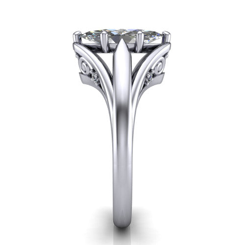Lucy marquise solitaire engagement ring in 18K White Gold with pavé split shank and filigree gallery, side profile showing the pavé split shank and filigree under-bridge