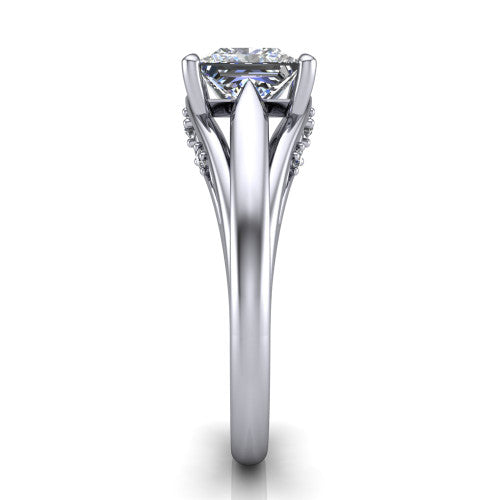 Lucy princess solitaire engagement ring in 14K White Gold with pavé split shank and filigree gallery, side profile showing the pavé split shank and filigree under-bridge