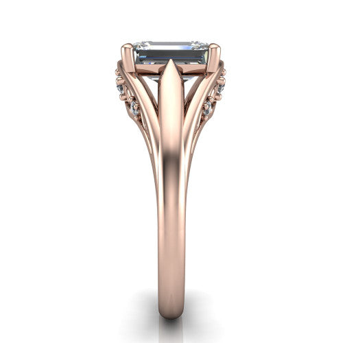 Lucy emerald solitaire engagement ring in 14K Rose Gold with pavé split shank and filigree gallery, side profile showing the pavé split shank and filigree under-bridge