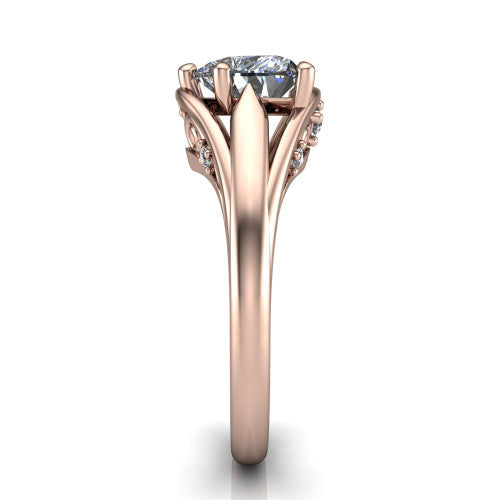 Lucy heart solitaire engagement ring in 18K Rose Gold with pavé split shank and filigree gallery, side profile showing the pavé split shank and filigree under-bridge