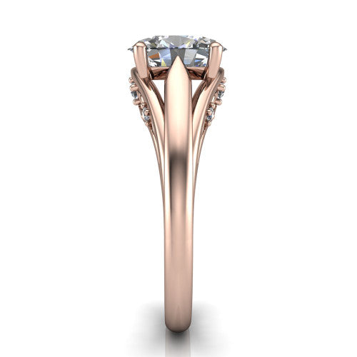 Lucy oval solitaire engagement ring in 14K Rose Gold with pavé split shank and filigree gallery, side profile showing the pavé split shank and filigree under-bridge