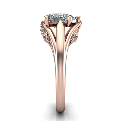 Lucy pear solitaire engagement ring in 18K Rose Gold with pavé split shank and filigree gallery, side profile showing the pavé split shank and filigree under-bridge