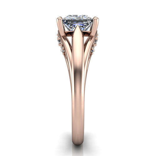 Lucy princess solitaire engagement ring in 14K Rose Gold with pavé split shank and filigree gallery, side profile showing the pavé split shank and filigree under-bridge